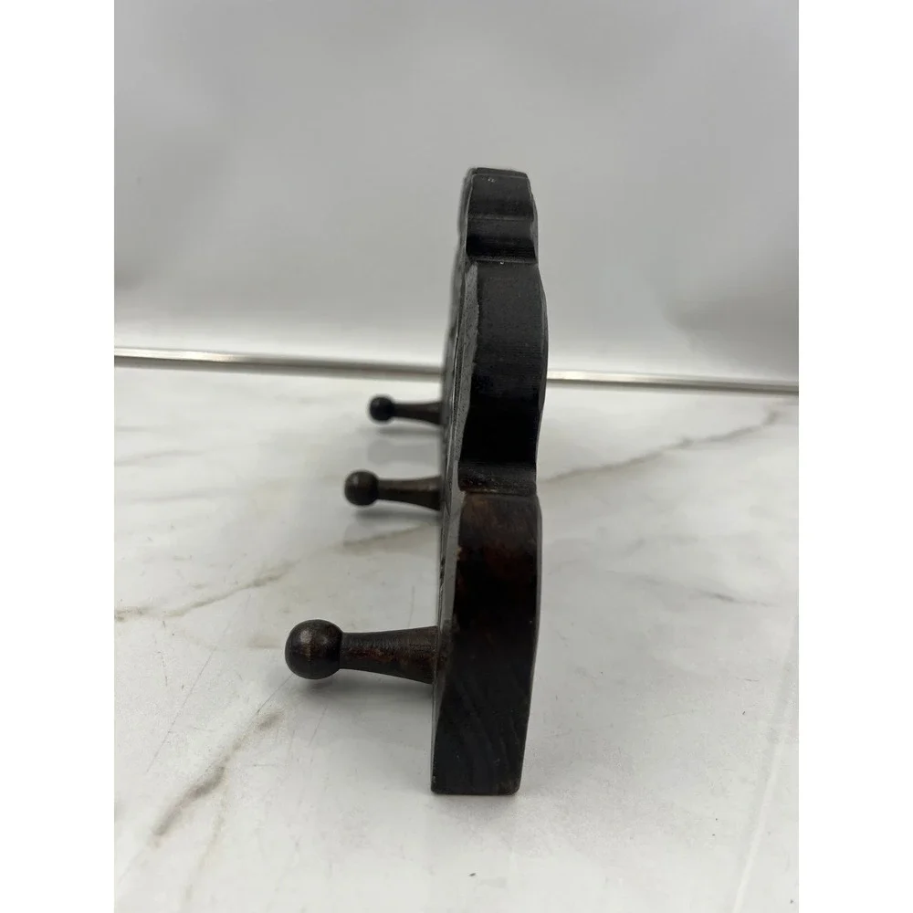 VTG Hand Carved Wood Elephant Wall Hook Rack 3 Peg Key Holder Brown Boho Decor